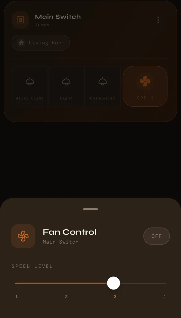 A Lumos panel in the meshams app: Alley Light, Light and Chandelier keys and a fan at speed 3, in the Living Room