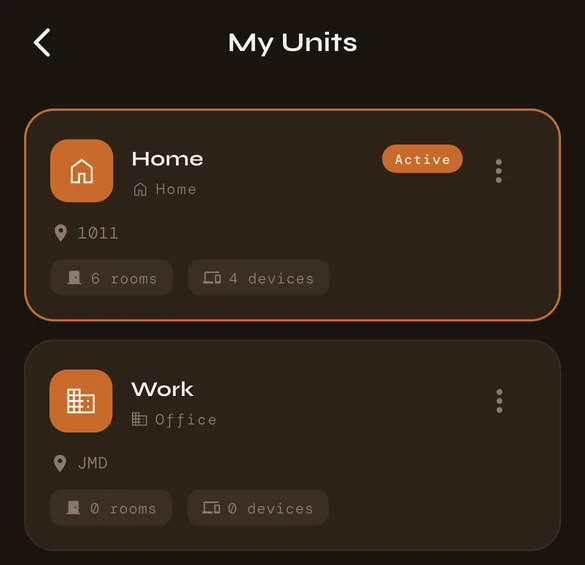 My Units in the meshams app: Home with 6 rooms and 4 devices, and Work, an office